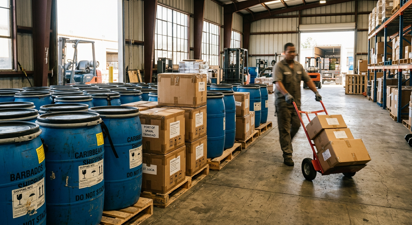 Blue shipping barrels and sealed cardboard boxes packed with personal effects, ready to ship to the Dominican Republic