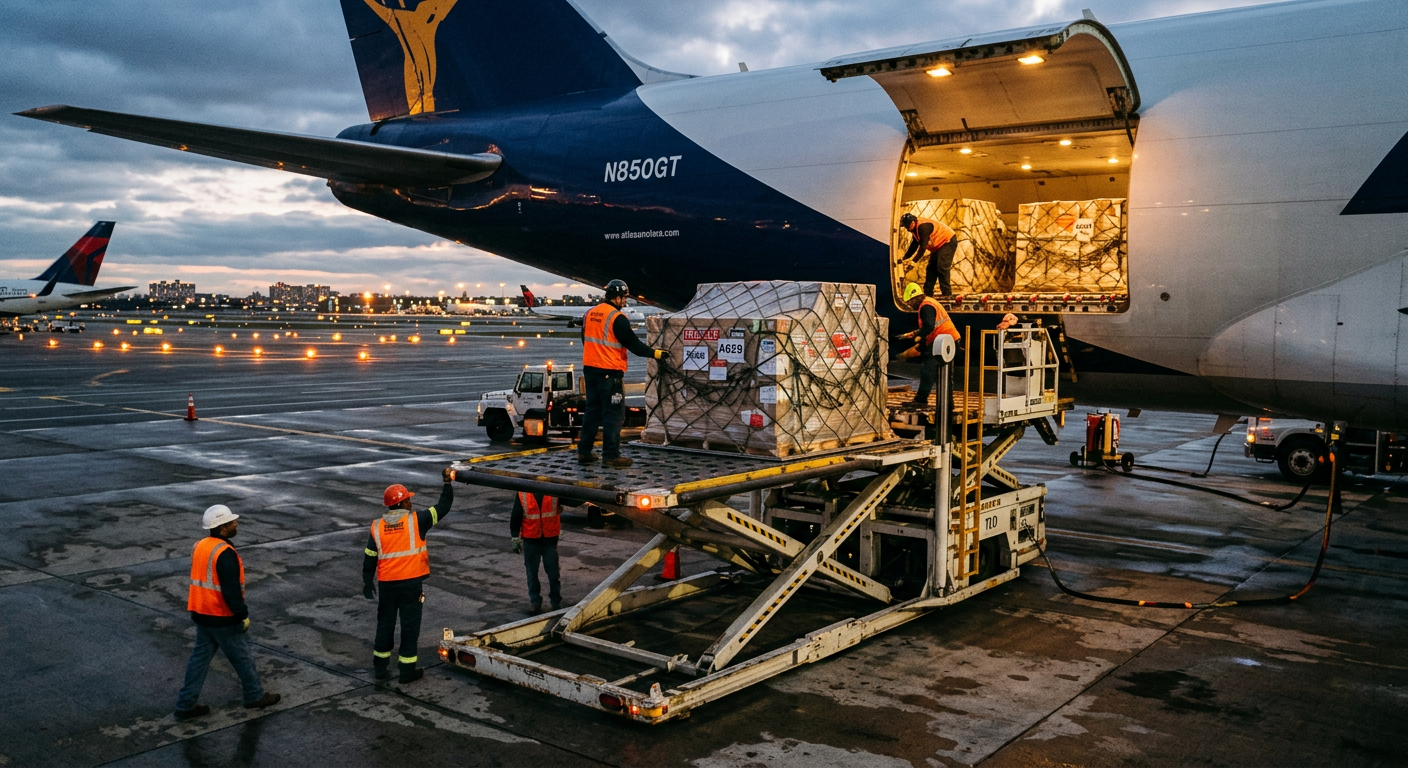 Personal de rampa cargando una paleta de carga con malla por la puerta lateral de un avión carguero al atardecer