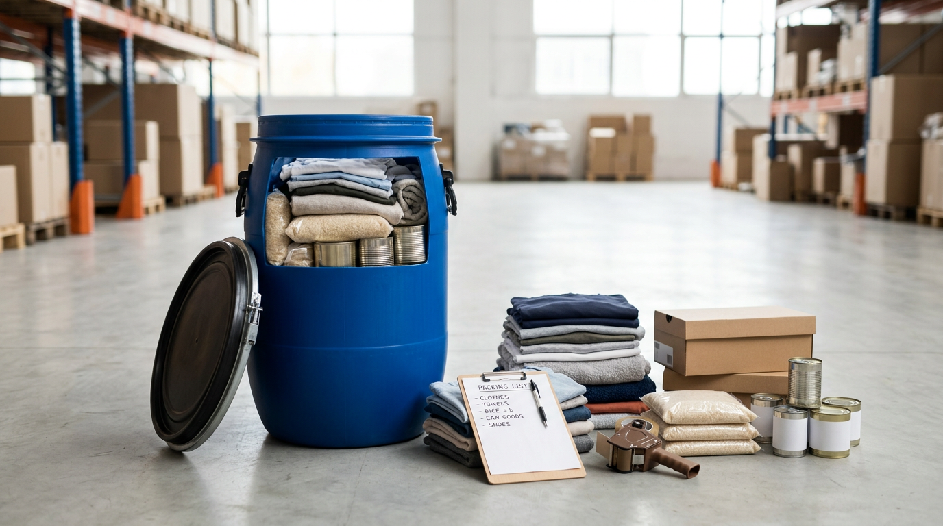 Open blue shipping barrel being packed with folded clothes, towels, shoes and sealed packaged food next to a packing list