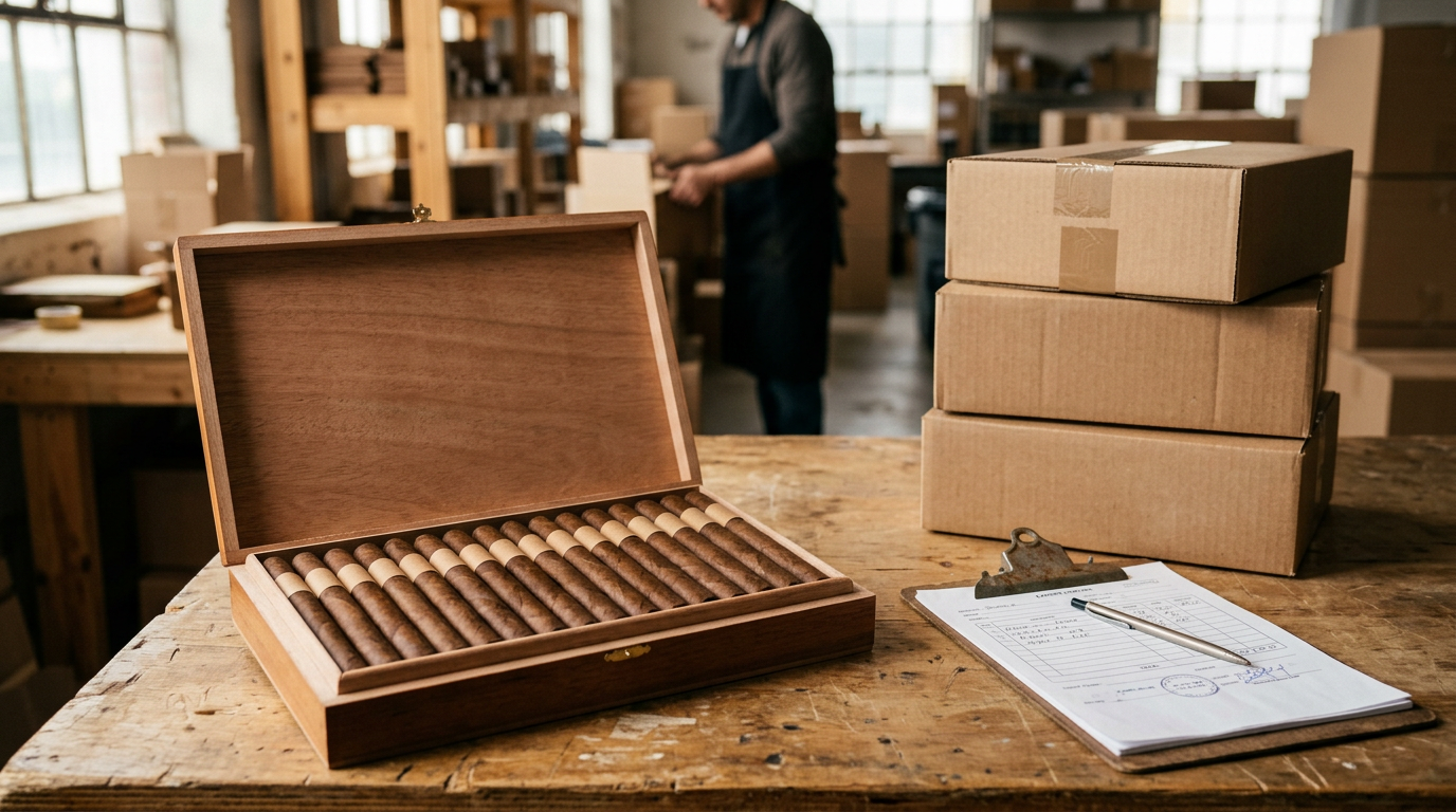 Open wooden box of premium cigars next to stacked shipping cartons and an export paperwork clipboard on a warehouse packing table