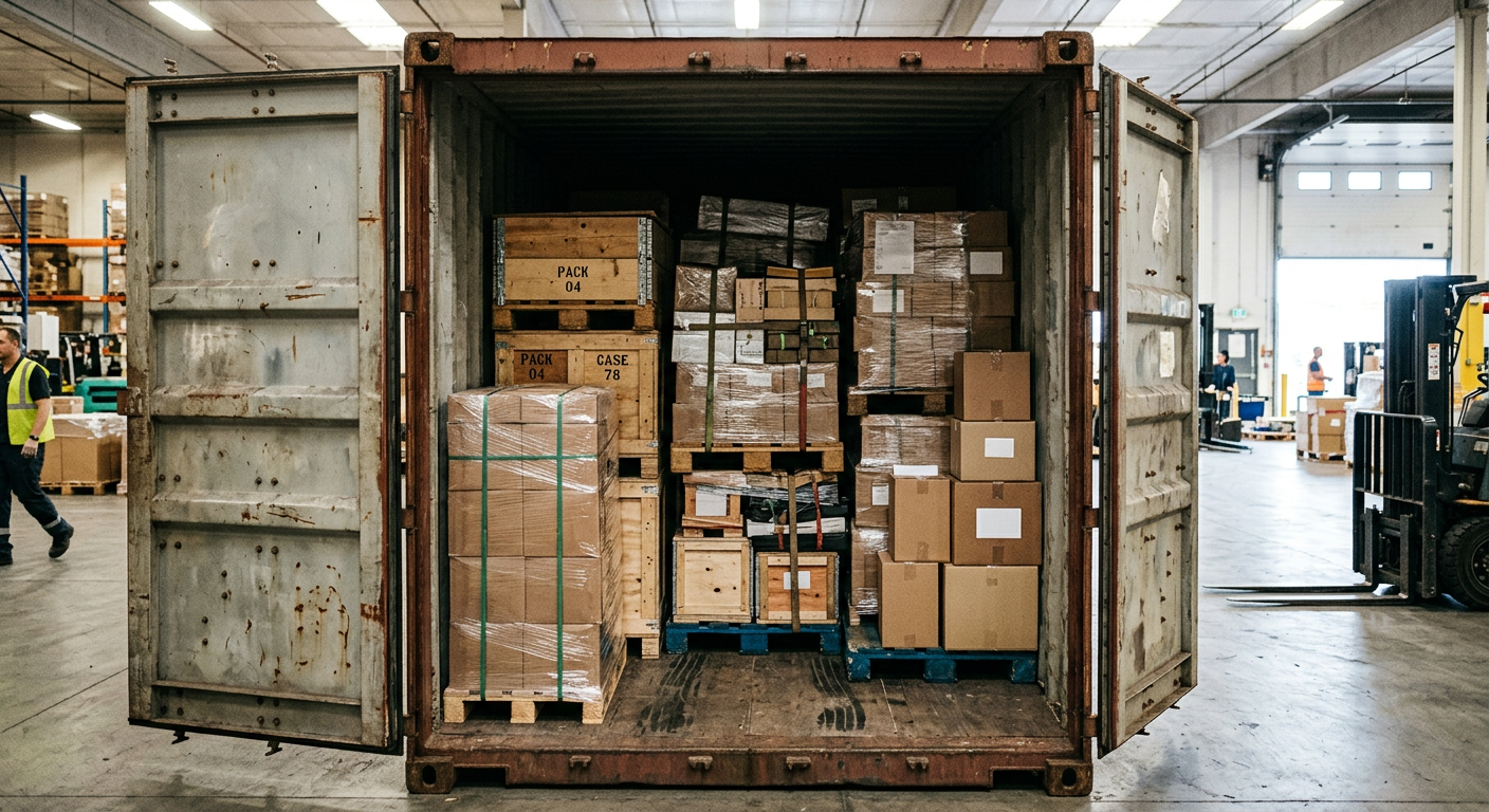 Contenedor abierto consolidado con paletas, huacales y cajas de varios exportadores distintos