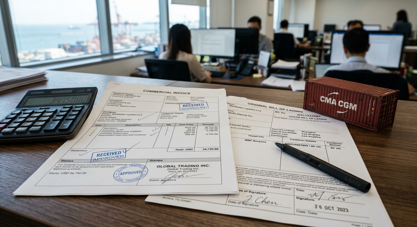 Commercial invoice and original bill of lading on a freight office desk beside a calculator and a model shipping container