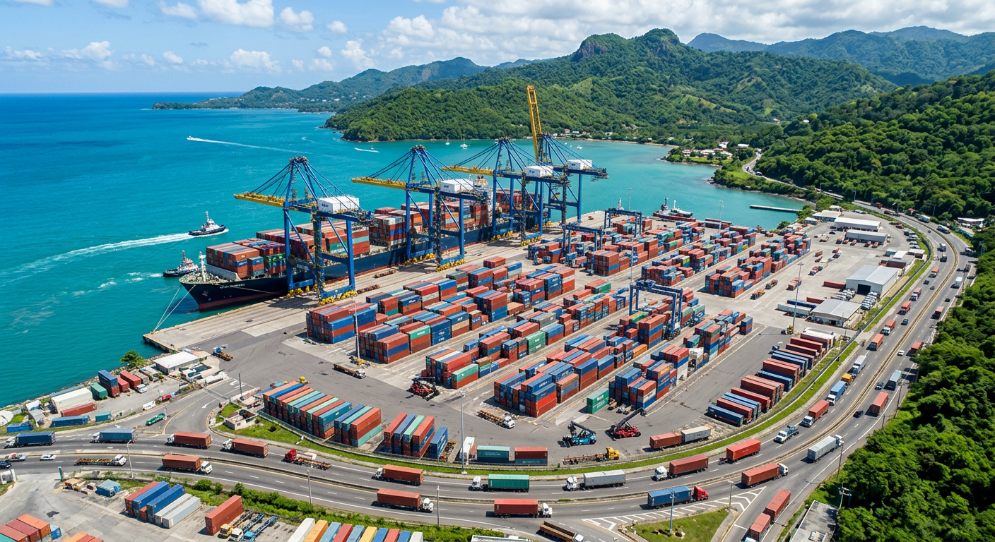 Vista aérea de una terminal de contenedores del Caribe con grúas cargando un buque y camiones en la vía de acceso