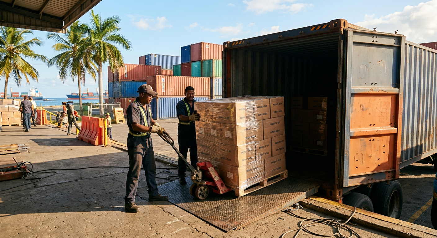 Workers loading shrink-wrapped pallets of boxed export goods into a shipping container at a Dominican Republic loading dock
