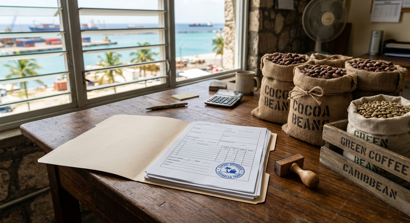 Folder of export shipping documents and an ink stamp on a desk beside sacks of cocoa beans and green coffee