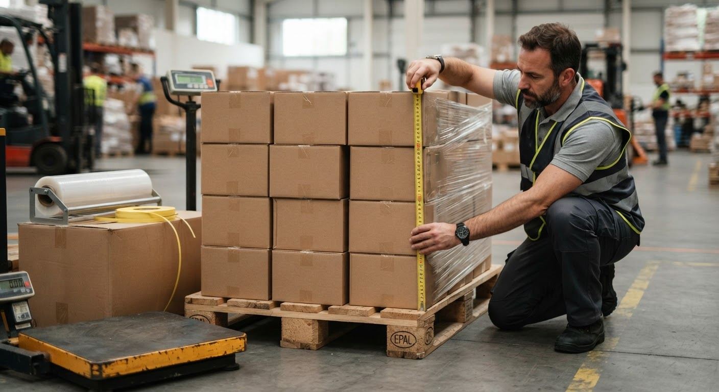 Trabajador de almacén midiendo con una cinta métrica una paleta de cajas uniformes bien estibadas antes del envío