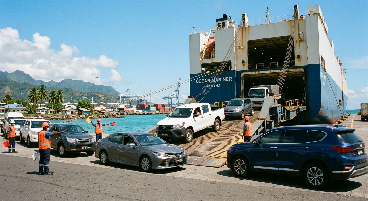 Carros y camionetas bajando por la rampa de un buque RORO en un puerto del Caribe mientras el personal dirige el tráfico