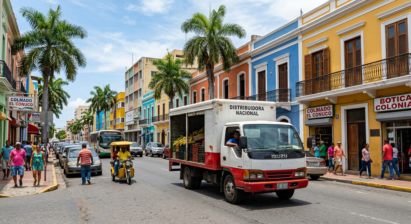 Delivery truck carrying produce down a palm-lined Dominican street with colorful colonial buildings and a colmado