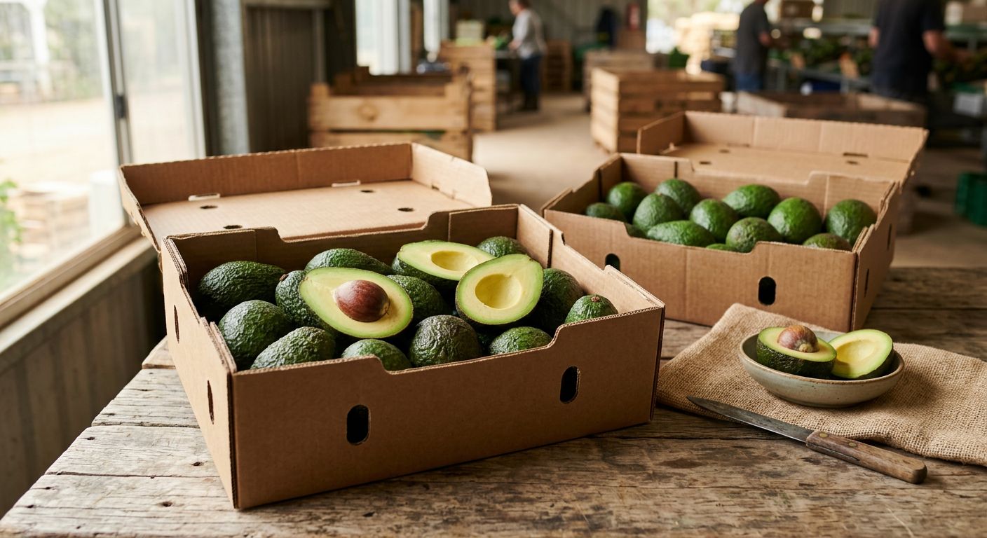 Large green avocados, whole and halved, in ventilated cardboard export boxes