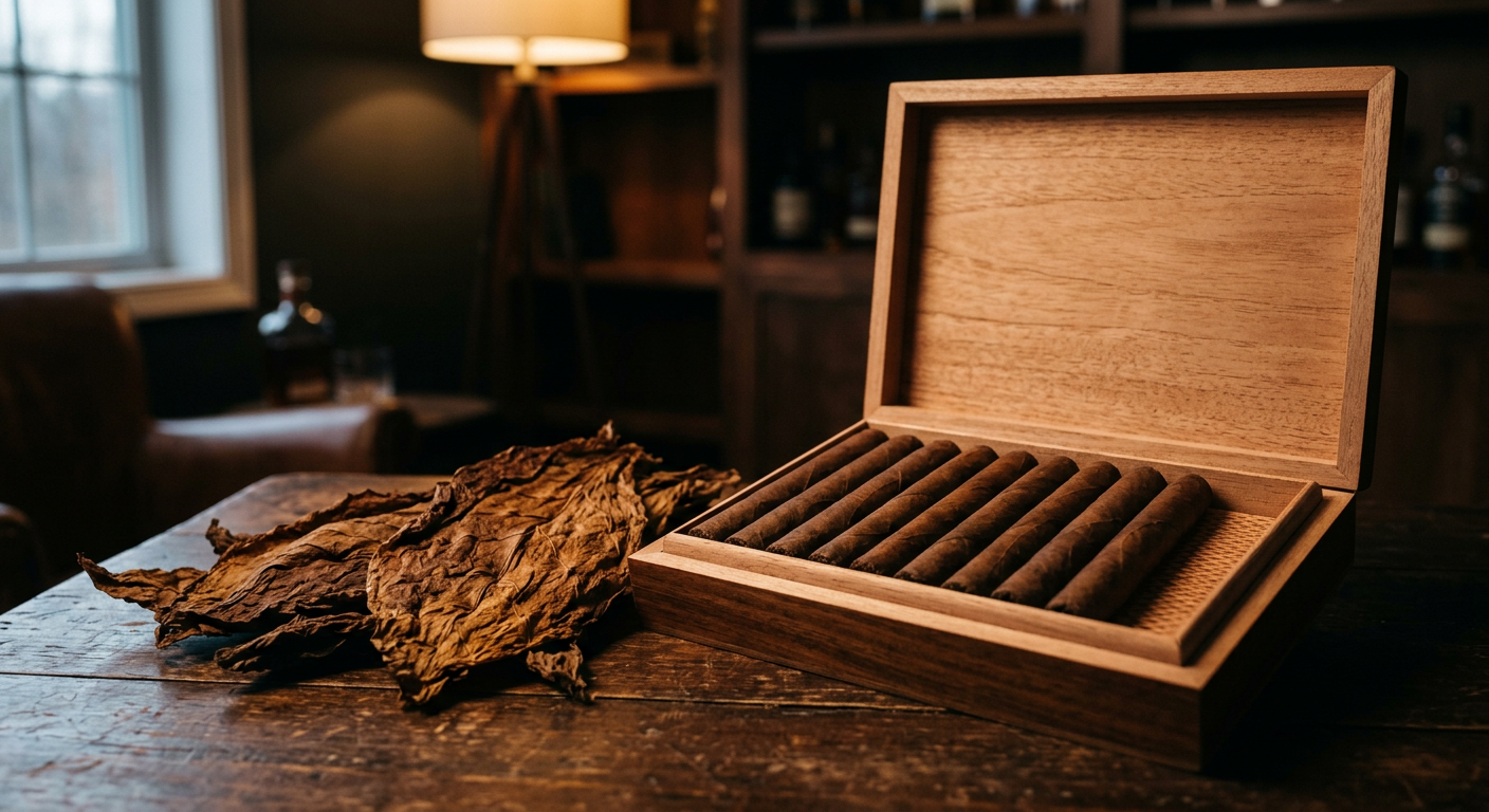 Cigarros premium hechos a mano en una caja de cedro abierta junto a hojas de tabaco secas