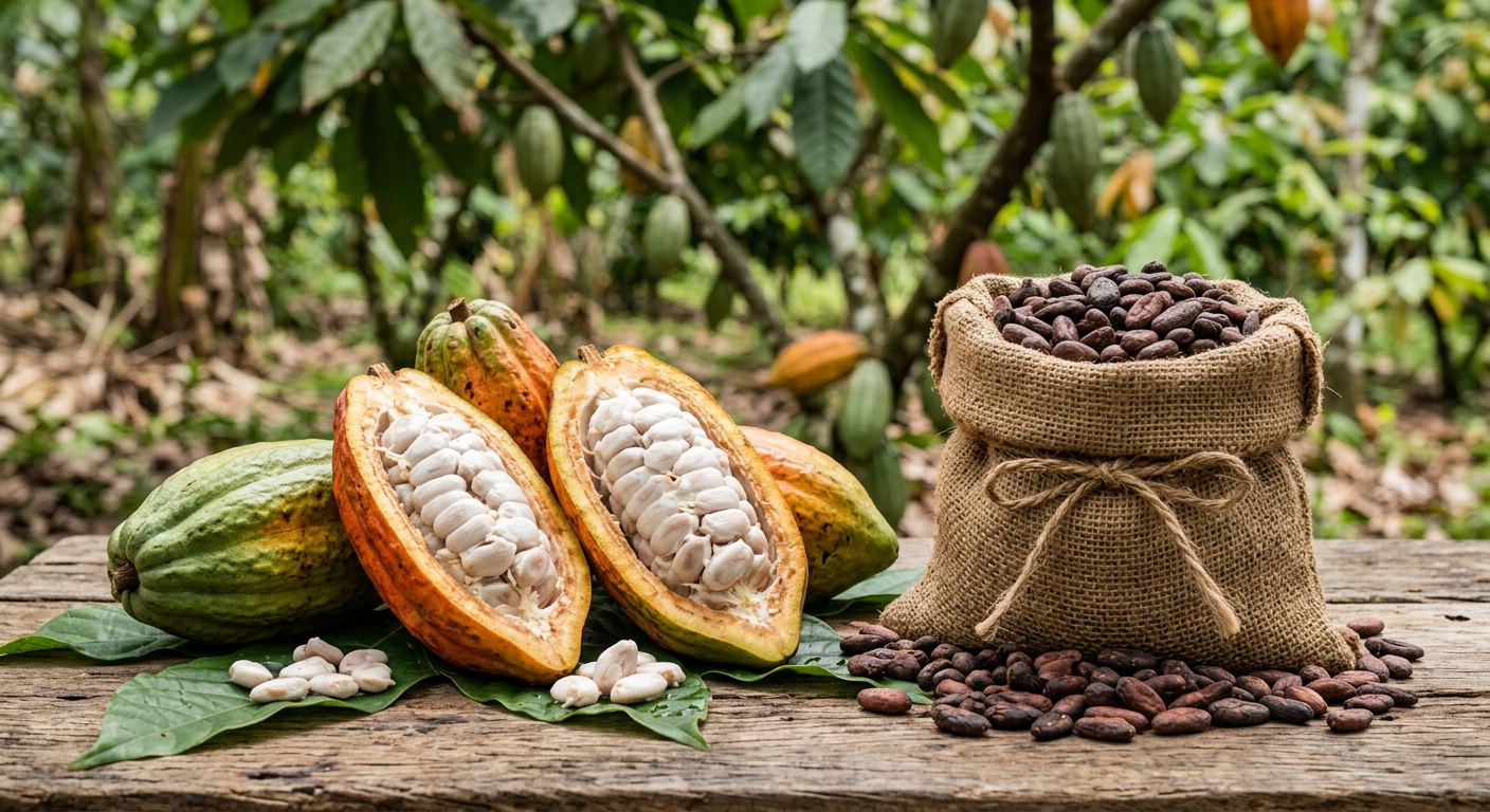 Mazorcas de cacao frescas abiertas que muestran los granos junto a granos tostados en un saco de yute