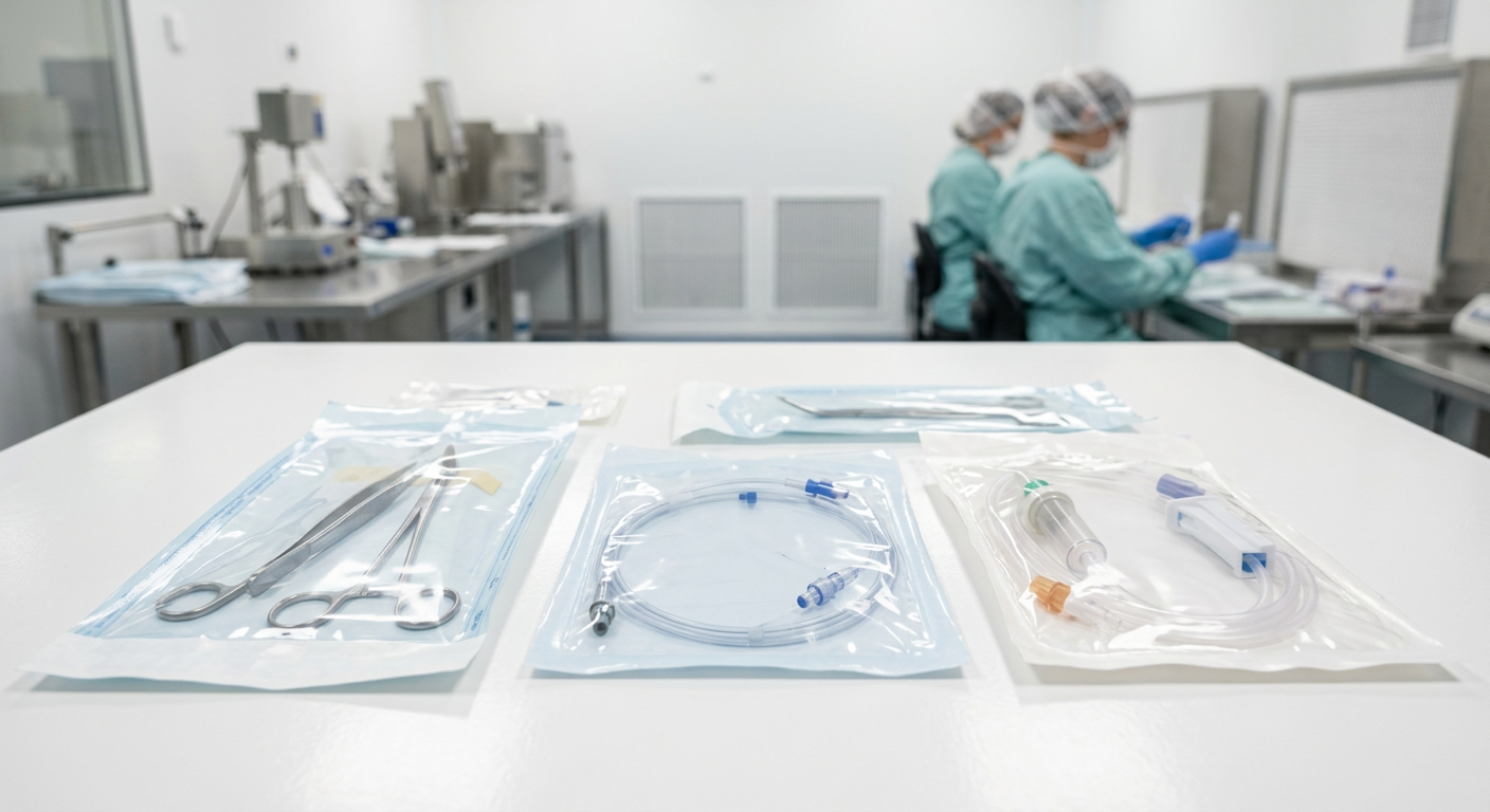 Instrumentos quirúrgicos estériles, catéteres y sets de suero sellados en empaque limpio sobre una mesa blanca