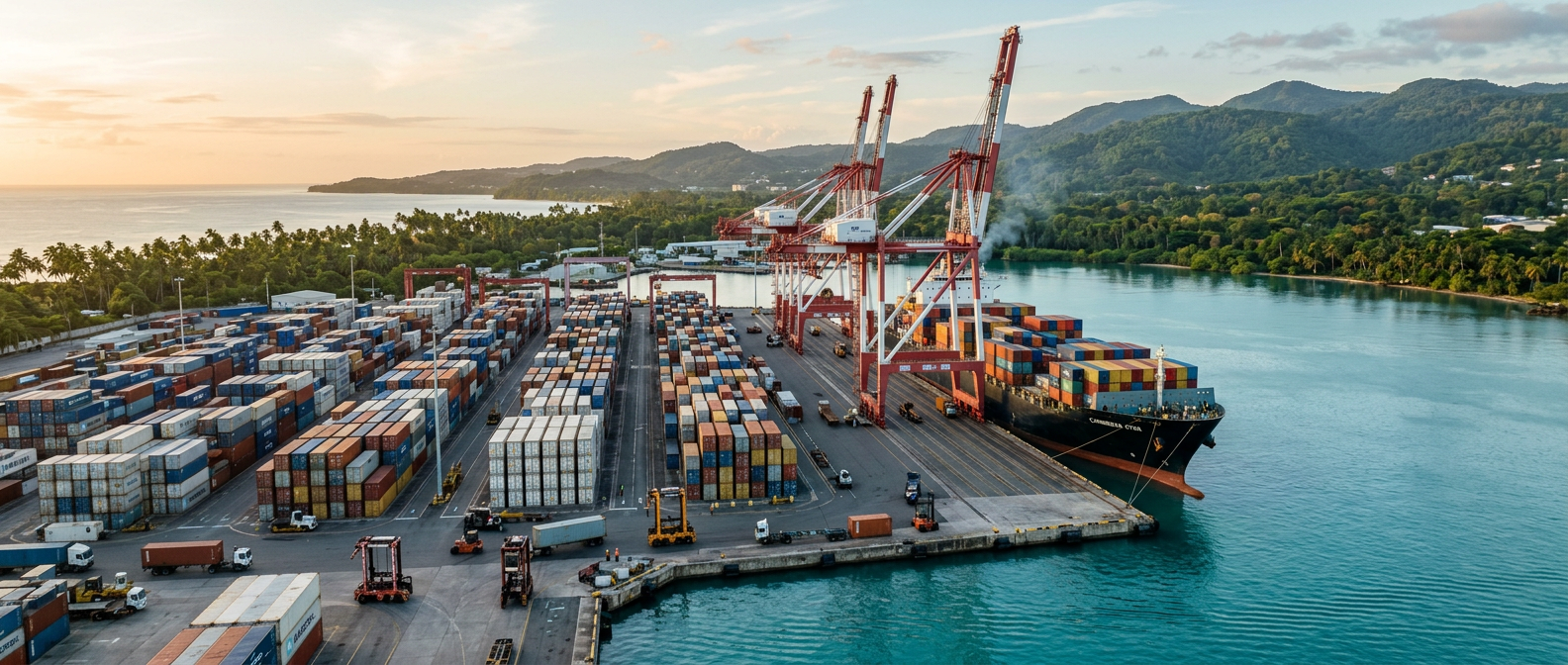 Buque portacontenedores atracado en un puerto del Caribe con contenedores apilados y grúas