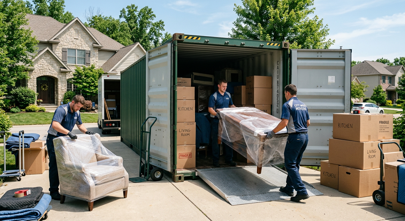 Movers loading plastic-wrapped furniture and labeled moving boxes into a shipping container outside a house