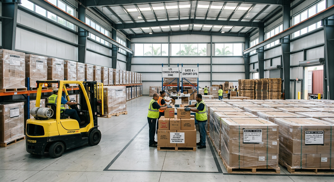 Freight warehouse with wrapped pallets and boxes prepared for an ocean shipment